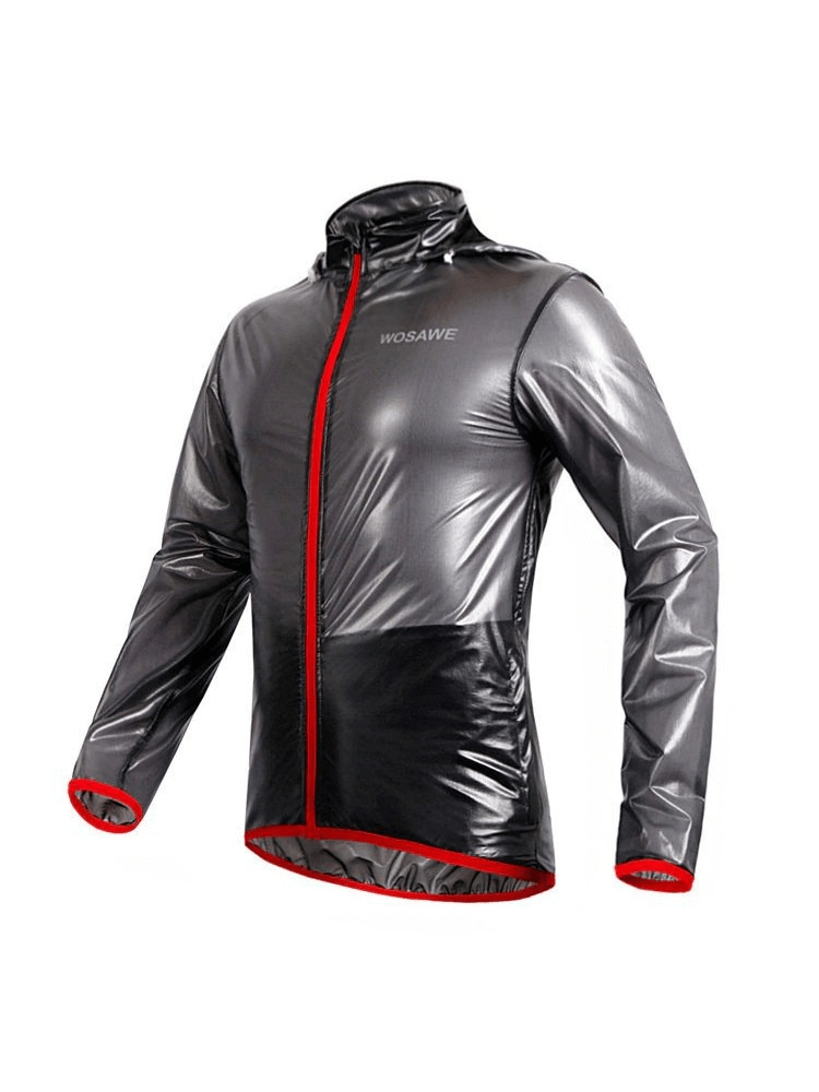 Waterproof reflective bike rain cover with hood, breathable polyester, solid pattern, designed for men, enhances visibility.